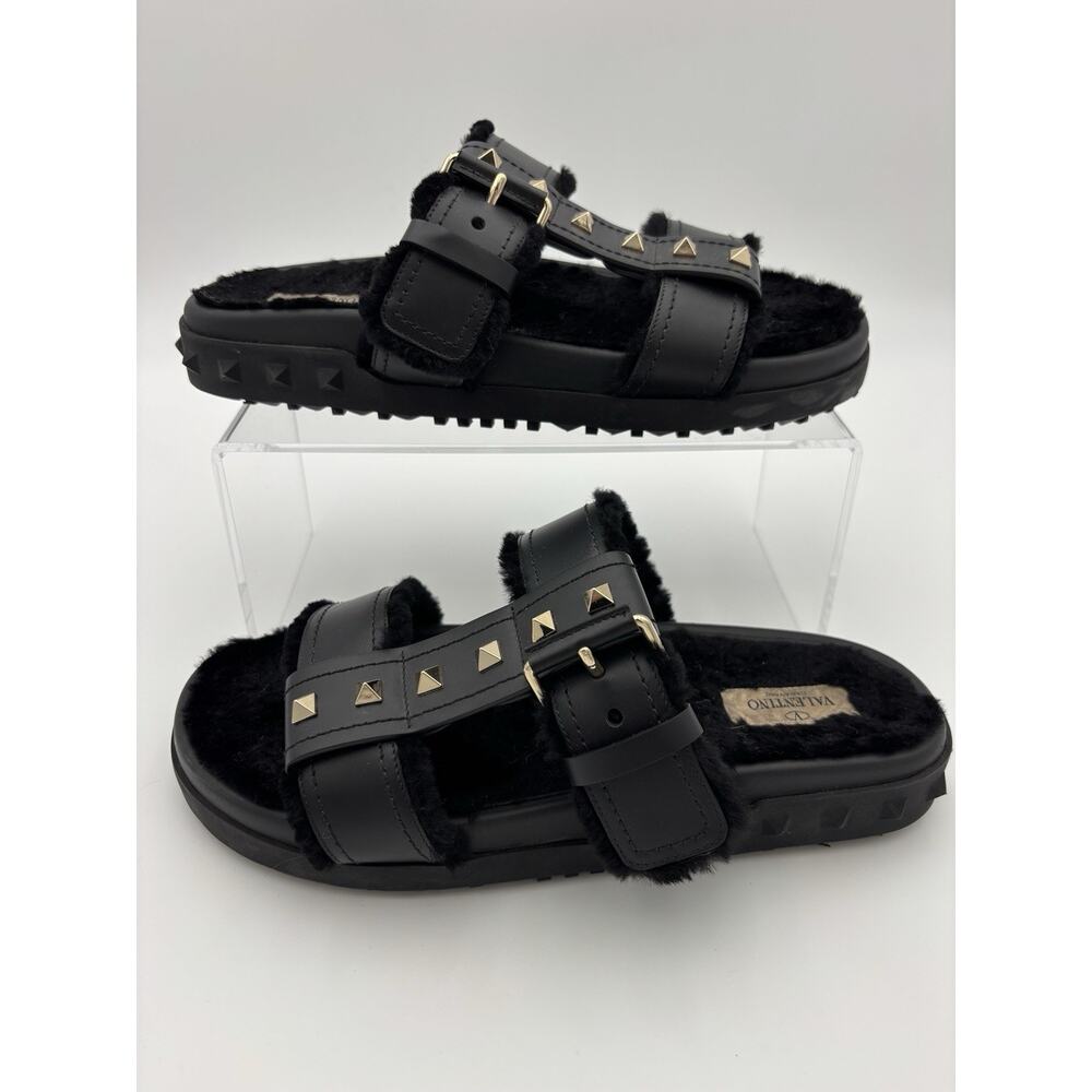 Authentic Valentino Rockstud Fur Lined Slides Dad Sandals Black Leather Size 38 - Picture 2 of 14